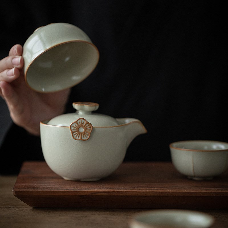 米黄汝窑便携旅行k茶具套装一壶三杯陶瓷快客杯露营功夫茶壶泡茶