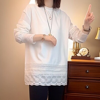 中长款百搭白色蕾丝拼接T恤女长袖打底衫高级感显瘦内搭上衣女装