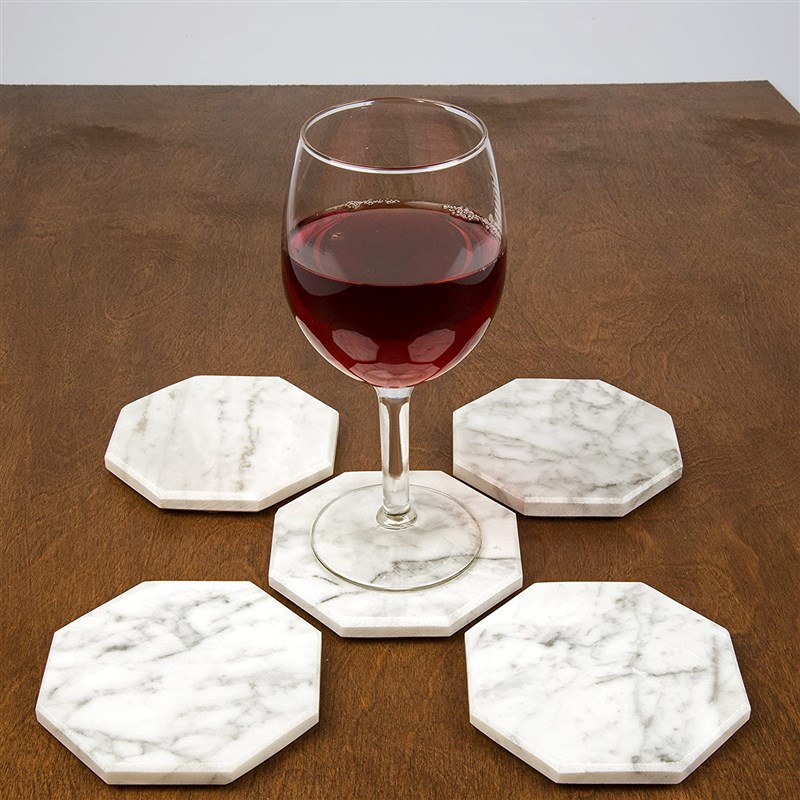 速发White Carrara Marble Coasters with Bamboo Holder, Set of