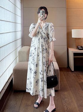 法式开襟孕妇装夏季薄款Vt领孕妇连衣裙 设计感小众收腰中长款裙