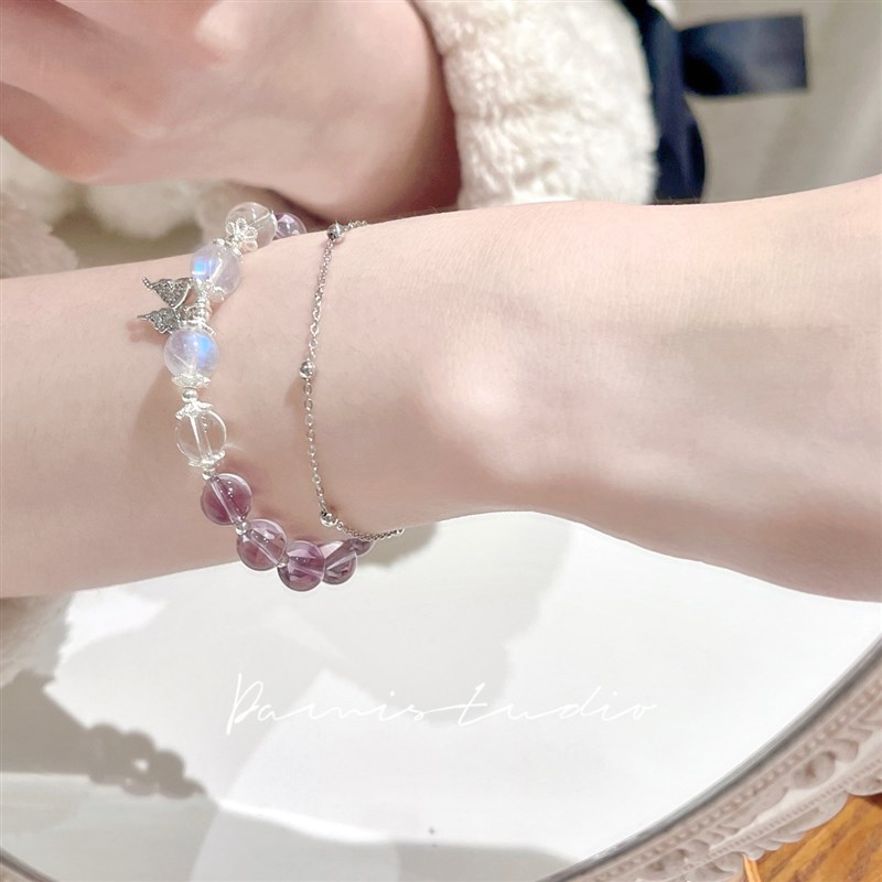 现货【上岸】天然k紫水晶蓝月光石白水晶纯银手链手串女闺蜜生日