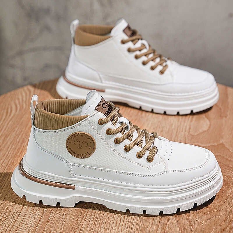 中帮男鞋潮春秋增高白色高帮鞋男士厚底小白鞋帆布工装马丁靴男款