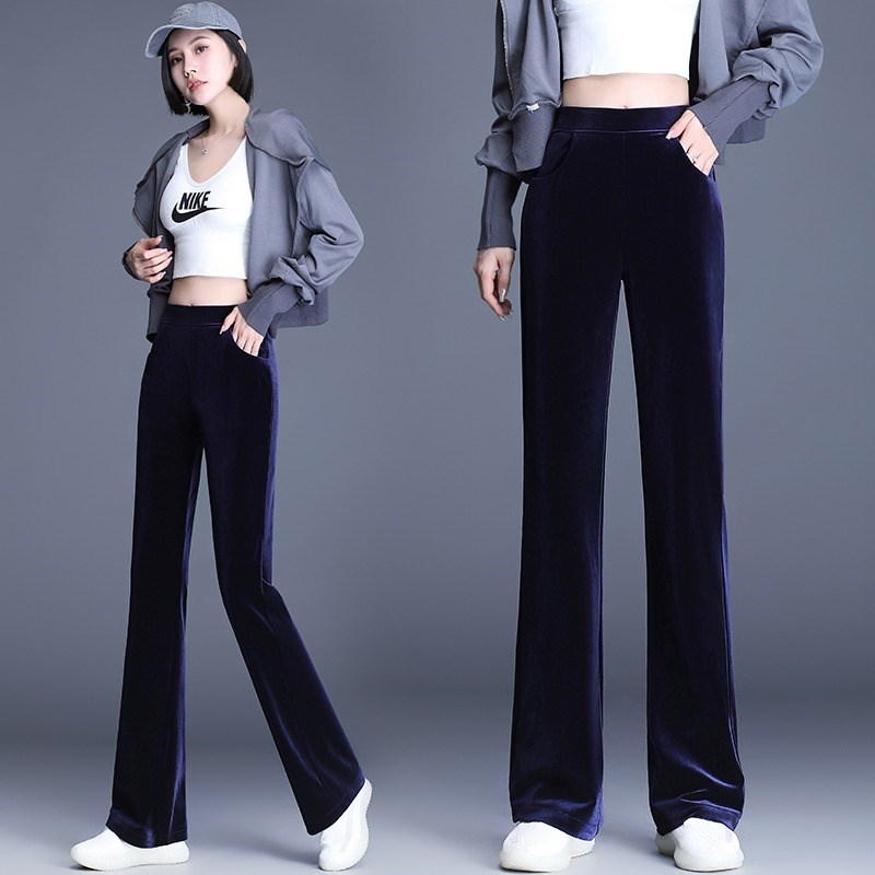 高腰垂感金丝绒微喇裤女2024秋冬新款修身显瘦丝绒喇叭加绒阔腿裤