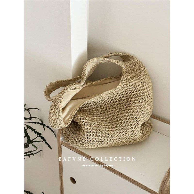 慵懒风单肩大容量斜挎草包女夏帆布袋海边度假沙滩编织包包草编包