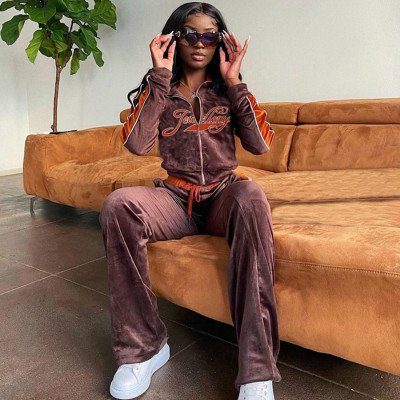 Letter Print Velvet Tracksuit Set Women Fashion Streetwear O