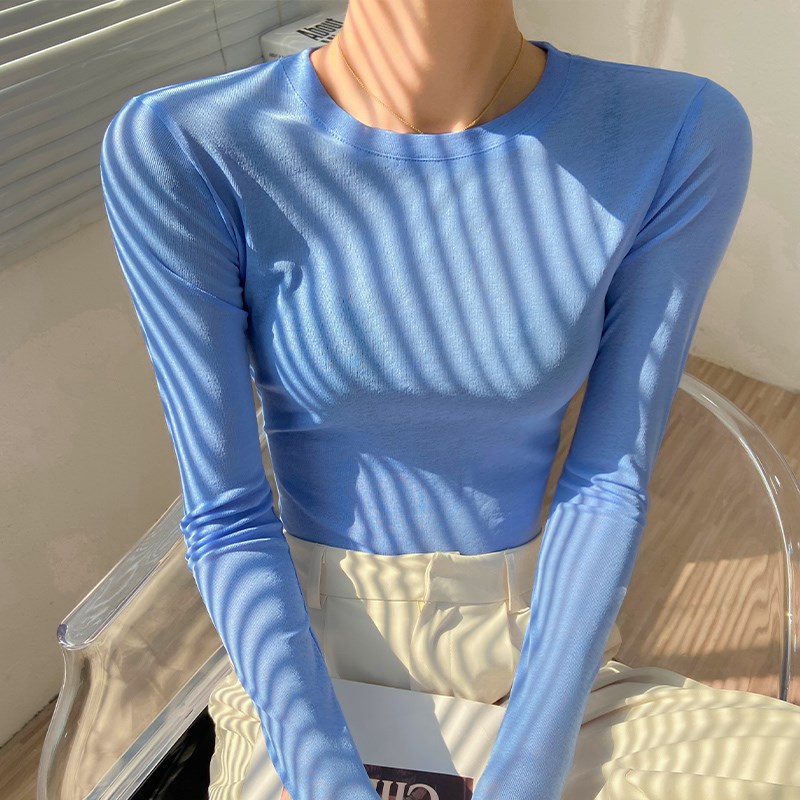 粉色t恤女长袖2024早秋新款女式打底衫修身高端网纱透明上衣薄款