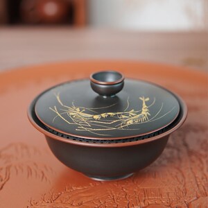 小自在盖碗 广西省工赖石刻广西坭兴陶原矿紫陶茶具