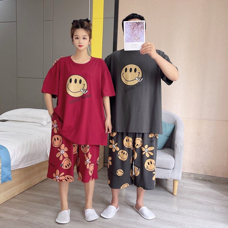 卡通笑脸七分裤大码情侣睡衣女夏季薄款加肥200斤男士家居服,女士内衣/男士内衣/家居服,睡衣/家居服套装,淘宝优惠券,粉丝福利购,淘宝优惠卷