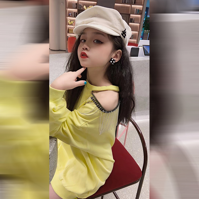 女童秋季中长款卫衣2021新款童装时髦小女孩洋气露肩休闲连衣裙潮