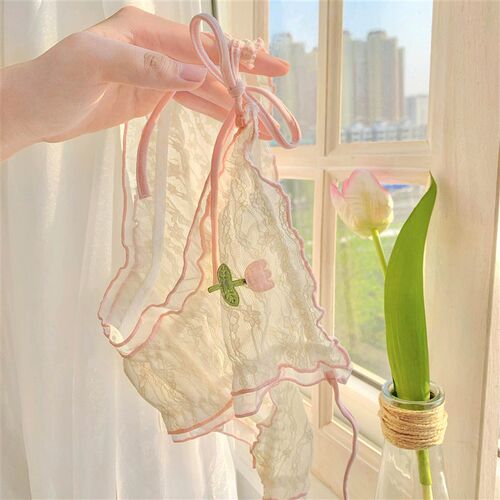 热销粉郁花仙~甜美纯欲风女生高开叉系带蕾丝内裤女性感新款纯棉