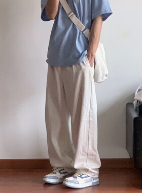 X1617  日系新款百搭宽松简约基础白色直筒裤垂感阔腿裤休闲男士