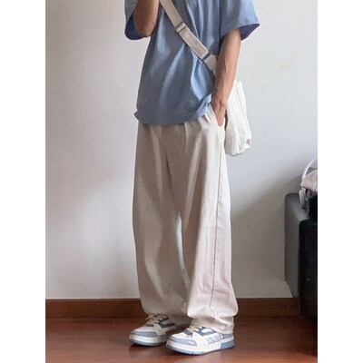 X1617  日系新款百搭宽松简约基础白色直筒裤垂感阔腿裤休闲男士