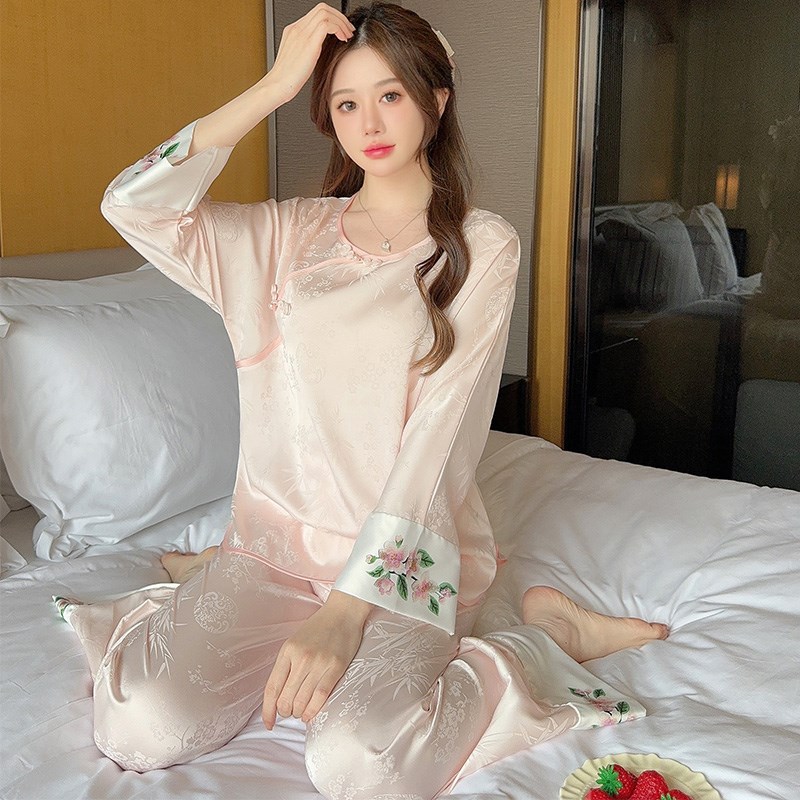 中式花卉冰丝睡衣女长袖丝t绸套装国风盘扣春秋季高级外穿夏家居
