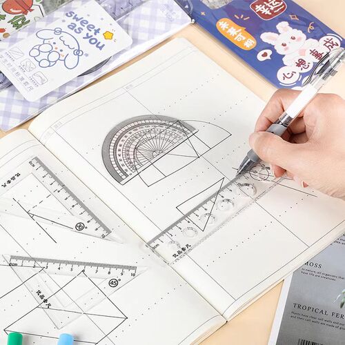 TM可爱卡通套尺学生多功能透明20cm文具三角板尺子量角器四件套