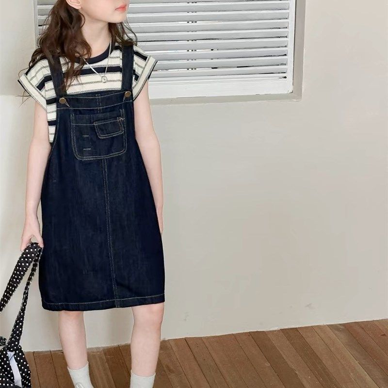 女童牛仔背带裙2024新款儿童套装夏装洋气时髦连衣裙女孩夏季裙子