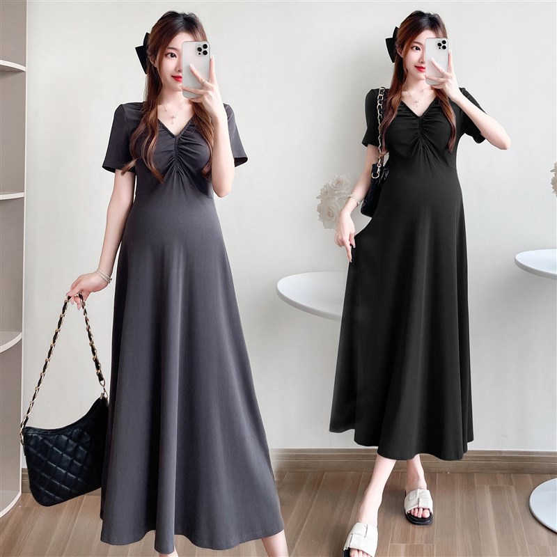 孕妇裙子夏装怀孕期弹力修身显瘦V领长裙夏季洋气减龄孕妇连衣裙