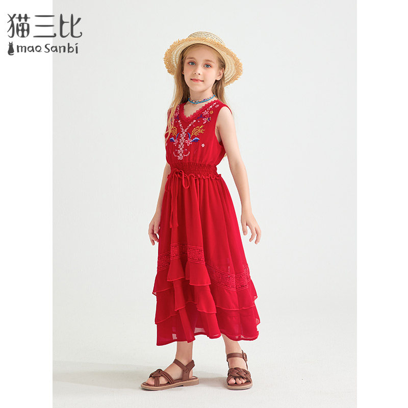 现货高端度假风亲子n装无袖雪纺洋装夏季女童长裙刺绣洋派母女海