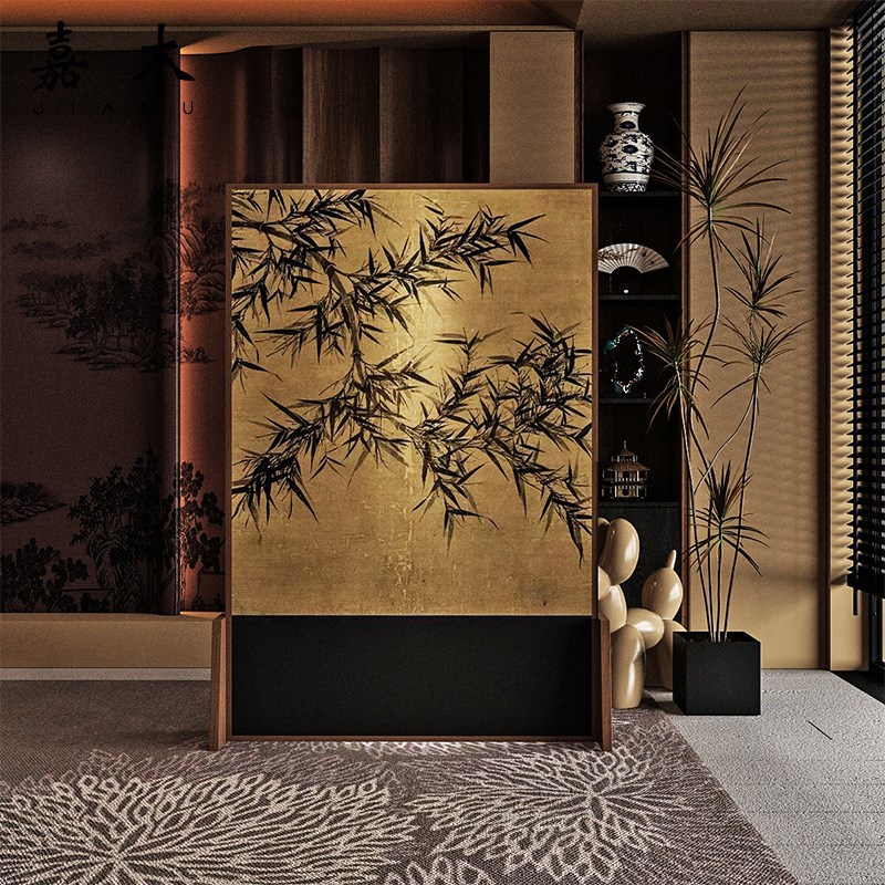 中式古风墨竹隔断家用进门玄关客厅茶室遮挡屏风实木移动禅意座屏
