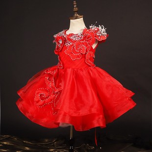 红色主持人蓬蓬裙女童短裙晚礼服儿童演出服宝宝公主裙歌唱晚礼服