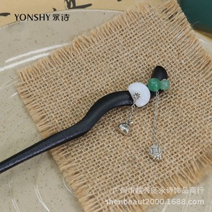 新中式福袋流苏发k簪檀香木盘发高级感簪子发钗马面裙头饰品厂