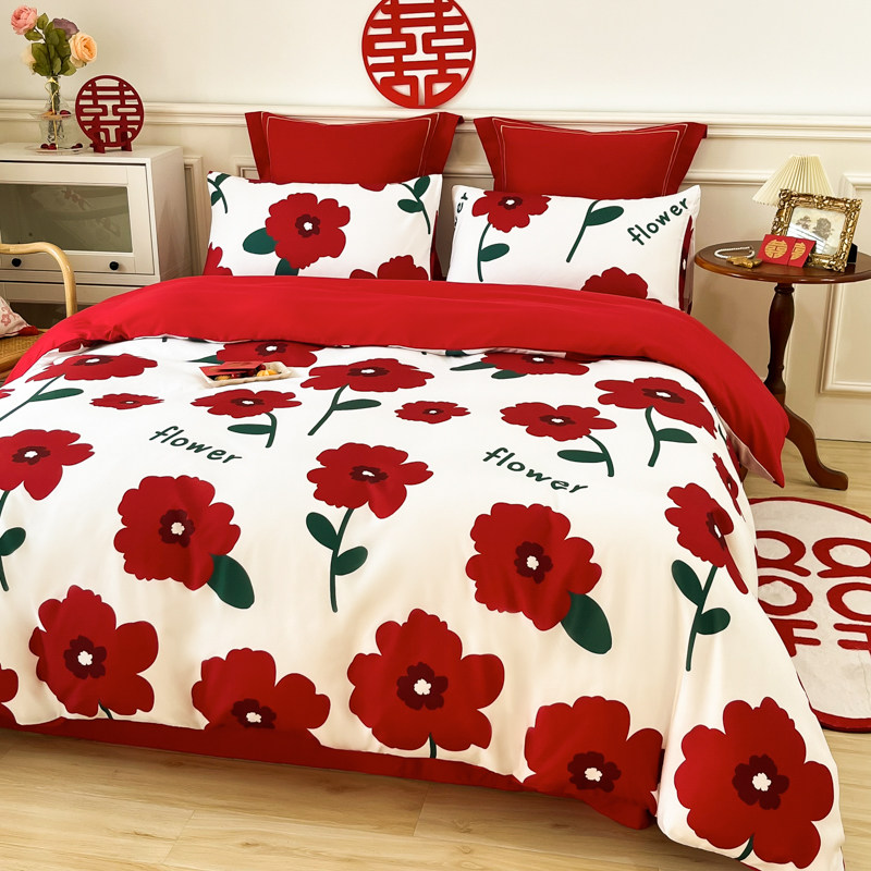 印花婚庆四件套全棉大红色被套床笠款新婚房结婚床上用品,床上用品,婚庆床品套件,淘宝优惠券,粉丝福利购,淘宝优惠卷