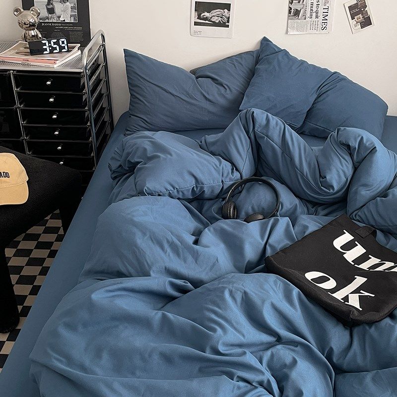 水洗棉纯色四件套简约单人床笠式学生宿舍三件套蓝色灰色床上用品,床上用品,床品套件/四件套/多件套,淘宝优惠券,粉丝福利购,淘宝优惠卷