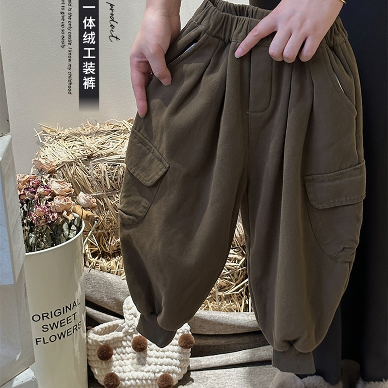 ch好穿森系男童女童加绒裤子2023冬I韩版儿童纯色一体绒工装束脚