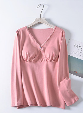 纯棉纯色加厚哺乳衣孕妇产后月子B服前扣交叉哺乳服保暖家居服上