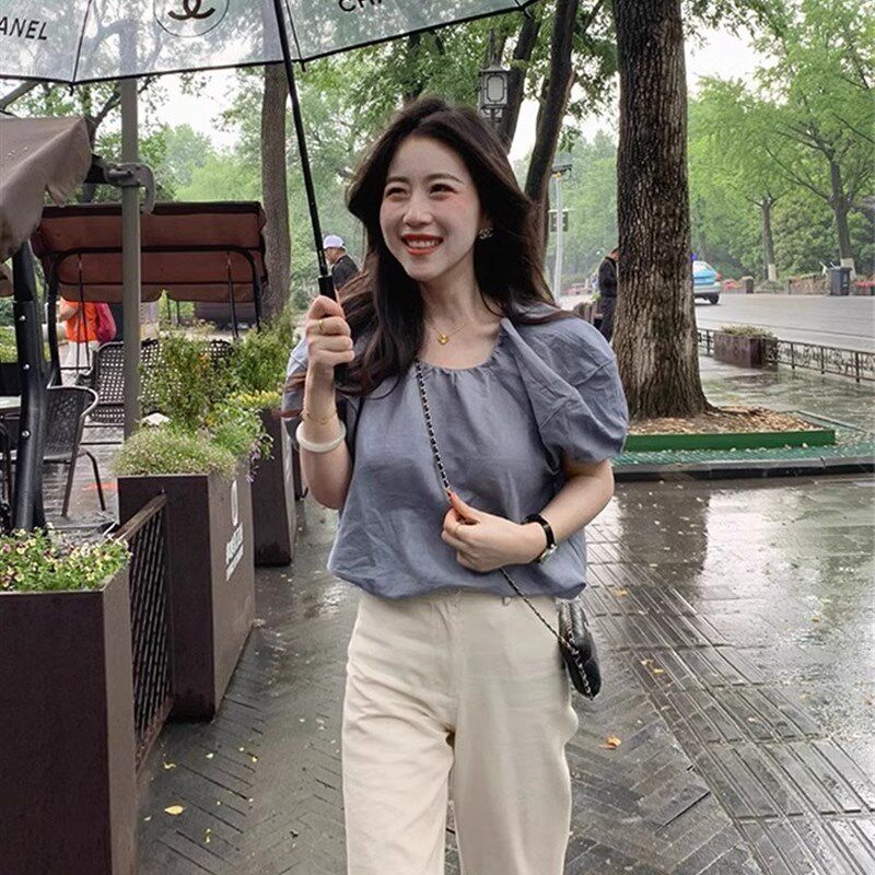 欧洲站港味复古茶系穿搭一整套洋气减龄泡泡袖上衣阔腿裤两件套夏