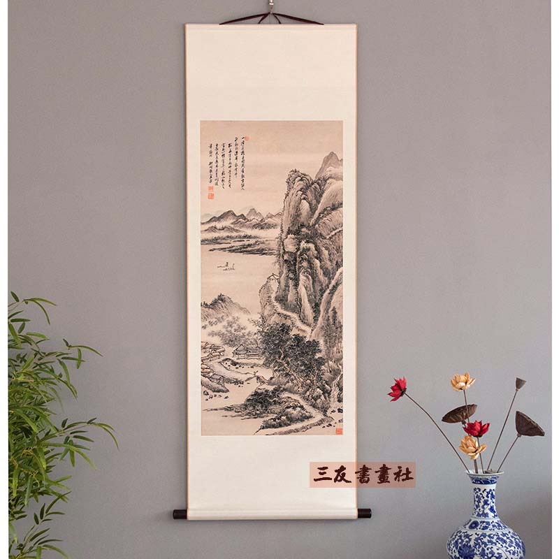 清代国画诗意山水轴王翚一径至桥图卷轴挂画复制画心高清原大宣纸