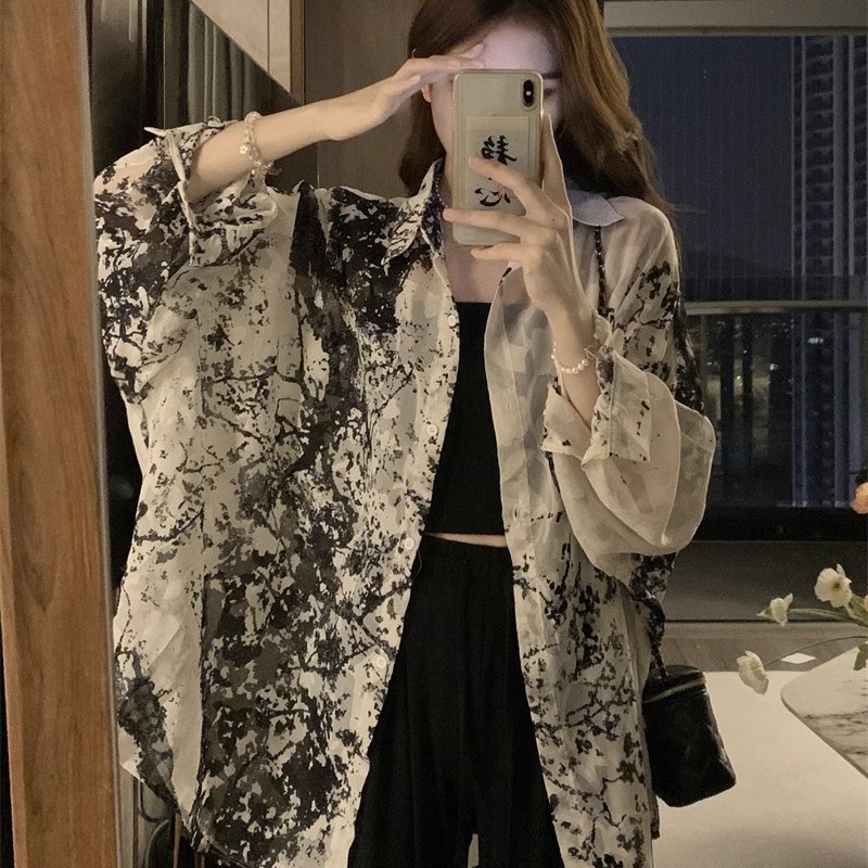现货水墨画长袖雪纺衬衫女夏季2023新款休闲上衣宽V松显瘦防晒开