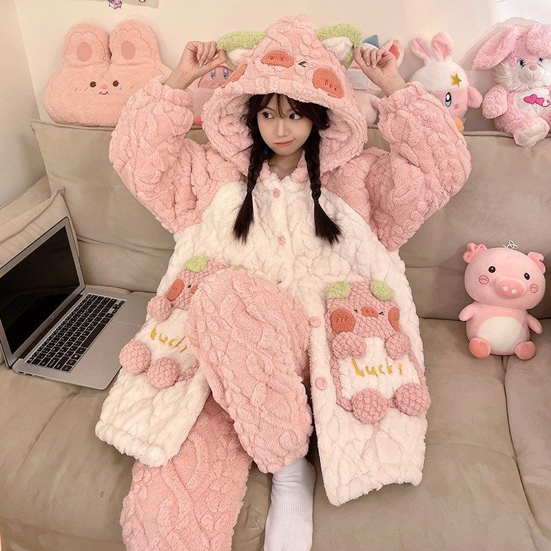 珊瑚绒睡袍女秋冬季加绒加厚三层夹棉可爱连帽睡衣2023.新款家居