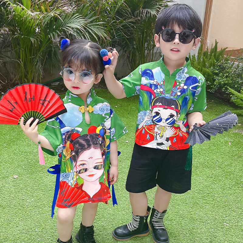 汉服女童旗袍儿童夏装国风兄妹装男童薄款套装女童夏季演出服童装