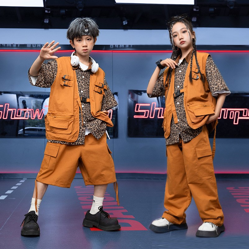 街舞儿童潮服hiphop童装男童工装马甲裤子套装潮牌女童架子鼓队服