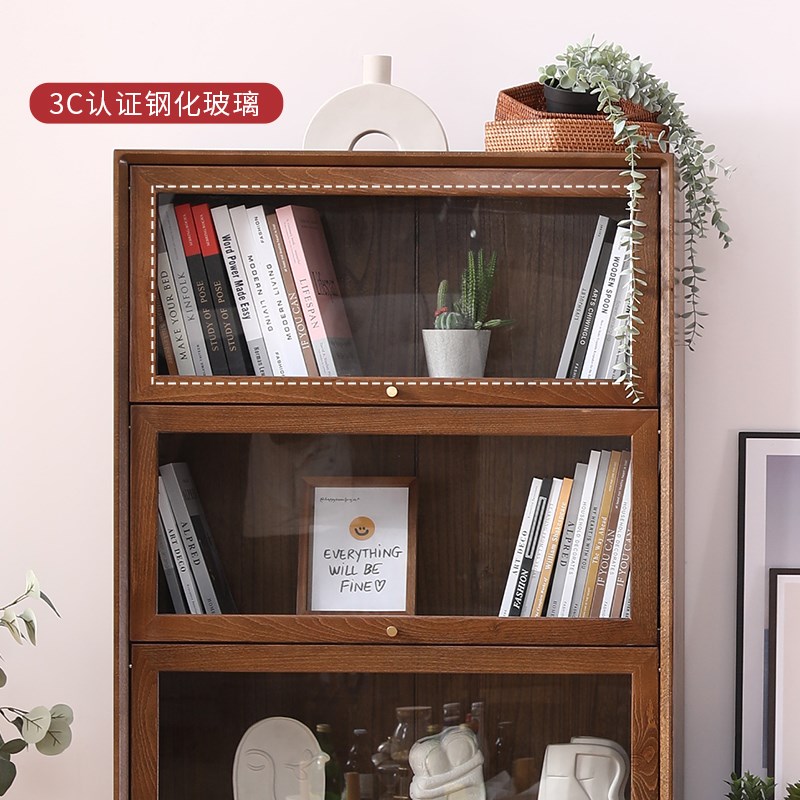 全实木书架书柜玻璃柜带门日式置物柜落地北欧展示柜办公室家用