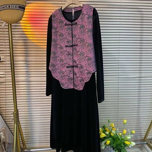 简约显瘦连衣裙胖妹妹休闲百搭两件套潮 盘扣马甲长袖 加肥大码 女装