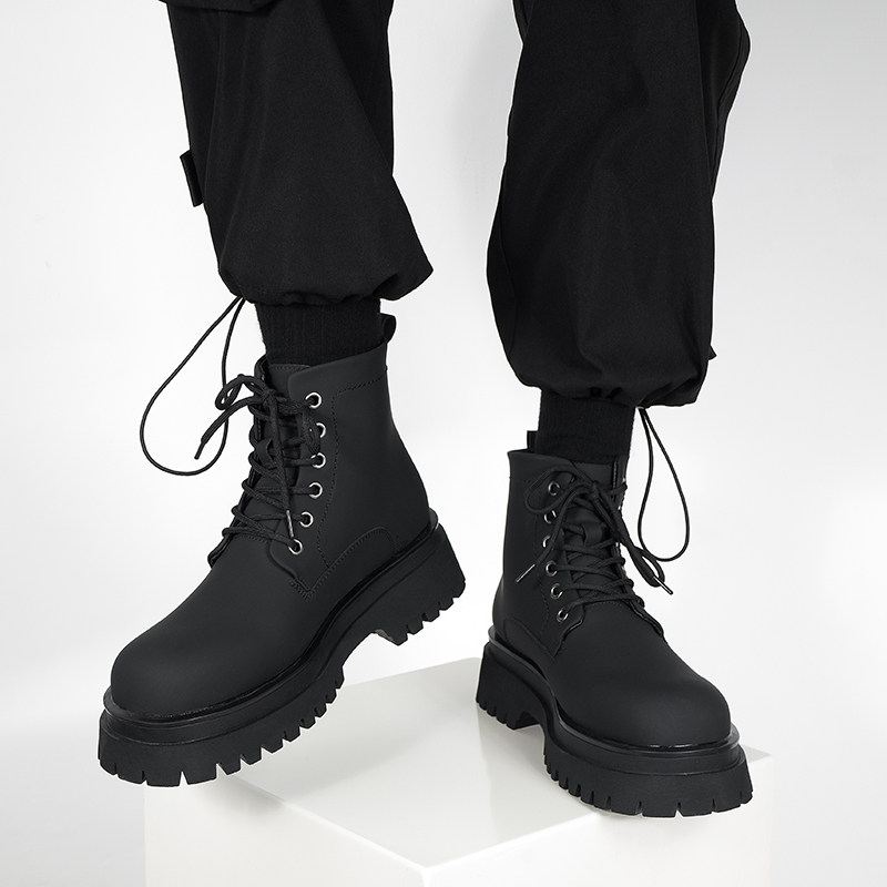 马丁靴男款2023新款秋冬季英伦风高帮皮鞋厚底增高黑色中帮皮靴子