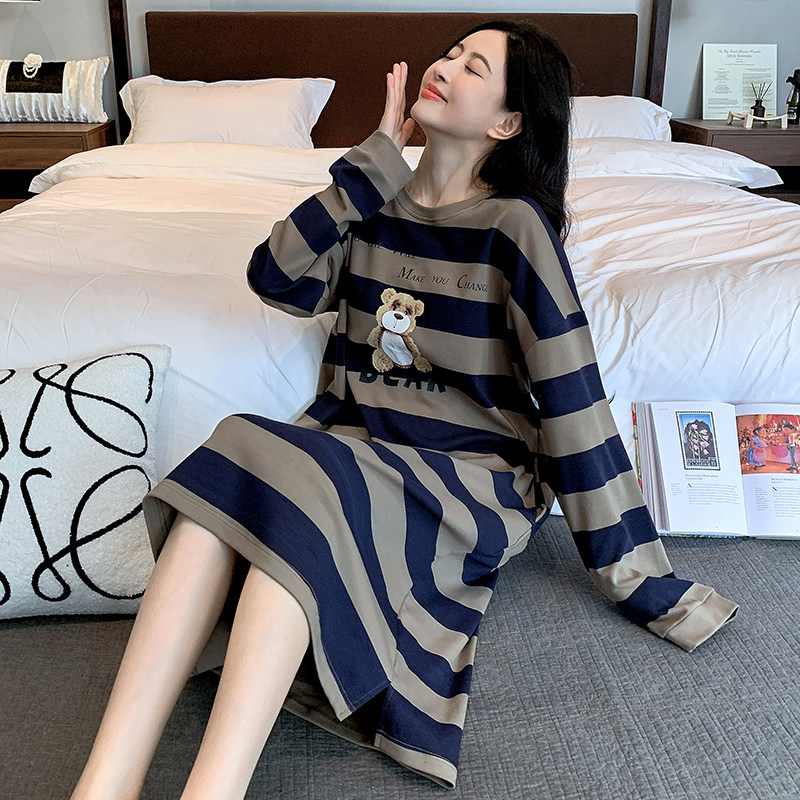 睡裙女春秋季2023年新款大尺码宽松条纹圆领长袖居家服睡衣秋冬
