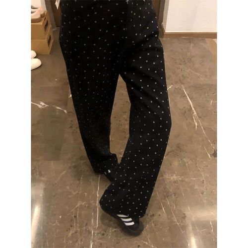 小矮个子145碎花波点牛仔裤女150黑色裤子高腰直筒宽松阔腿长裤xs