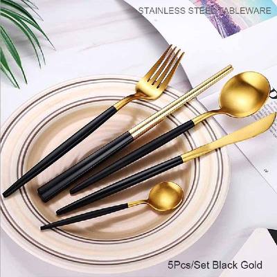 速发BORREY 5PcsSet Black Gold Cutlery Set Stainless Steel