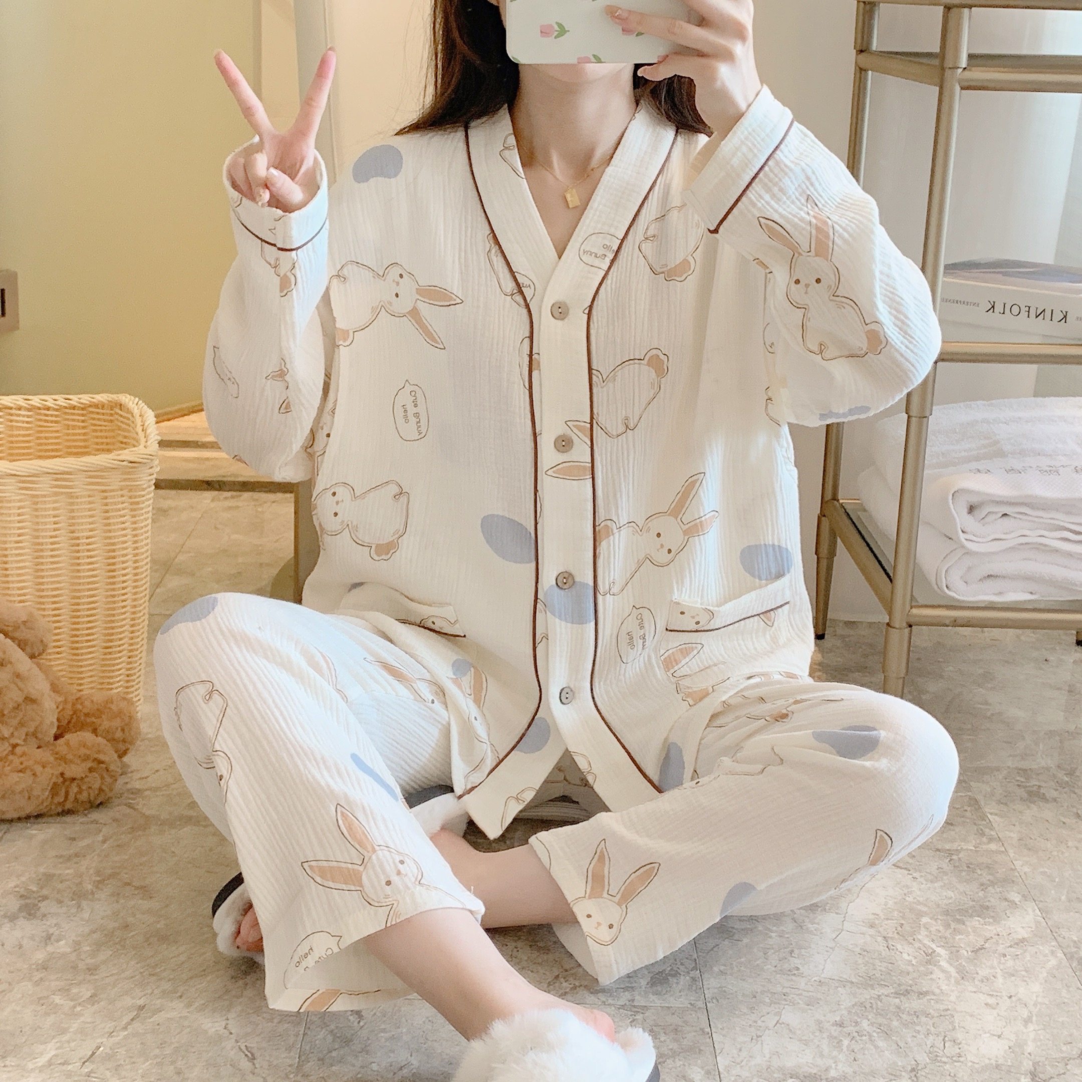 月子服春季薄款产后纱布孕妇睡衣套装产妇哺乳衣薄款3月份