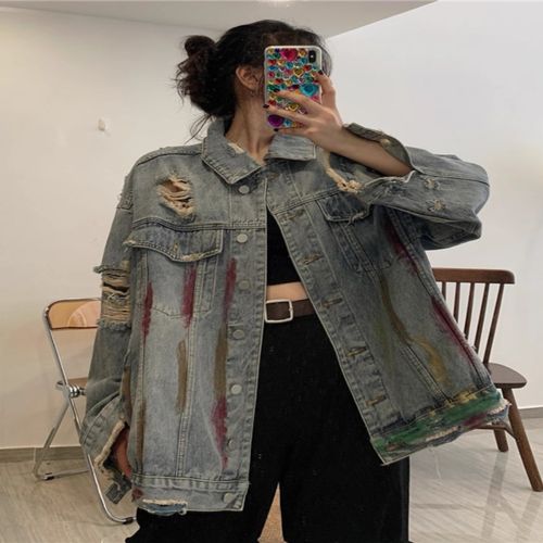 特大码300斤牛仔外套男装秋冬港风宽松休闲破洞夹克小众长袖上衣