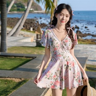 笑姐泳衣新款 平角大小胸聚拢度假泡温泉游泳衣女显瘦遮肚 连体裙式