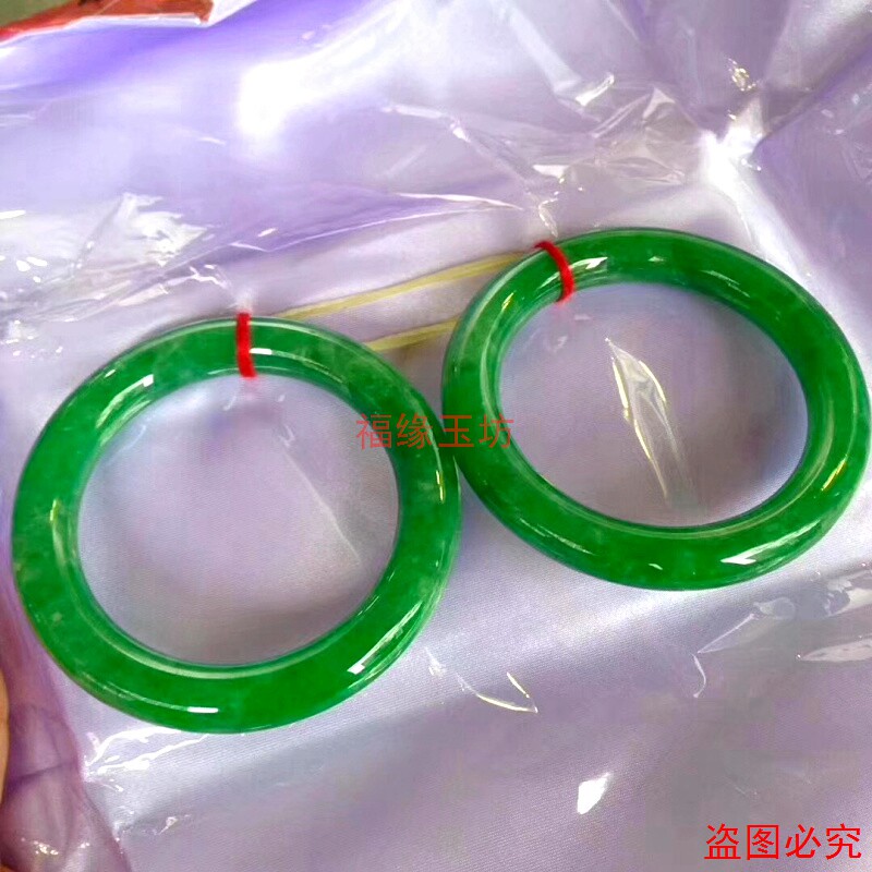 工厂销翡翠冰糯种帝王绿圆条玉镯阳绿满绿K手镯女款圆条细条玉镯