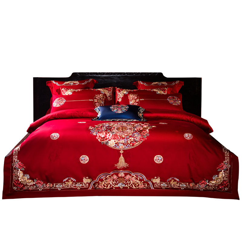 婚庆结婚四件套大红刺绣喜庆新婚被套大气床上用品十件套,床上用品,婚庆床品套件,淘宝优惠券,粉丝福利购,淘宝优惠卷