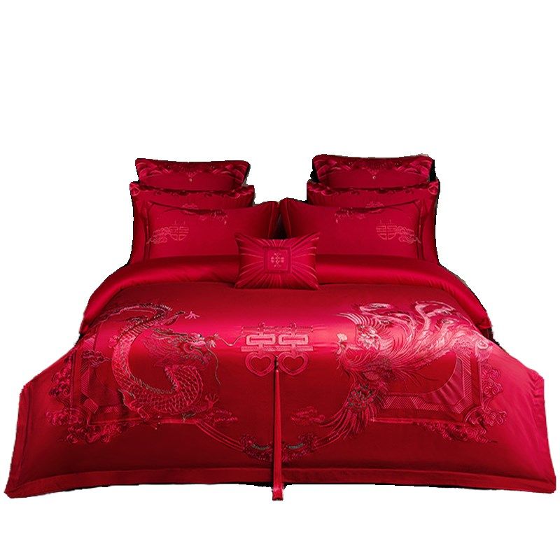 中式婚礼全棉四件套龙凤刺绣结婚大红色被套床单婚庆床品,床上用品,婚庆床品套件,淘宝优惠券,粉丝福利购,淘宝优惠卷