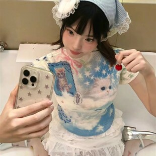甜辣妹y2ck半高领正肩短袖t恤女夏可爱猫咪印花褶皱修身弹力上衣