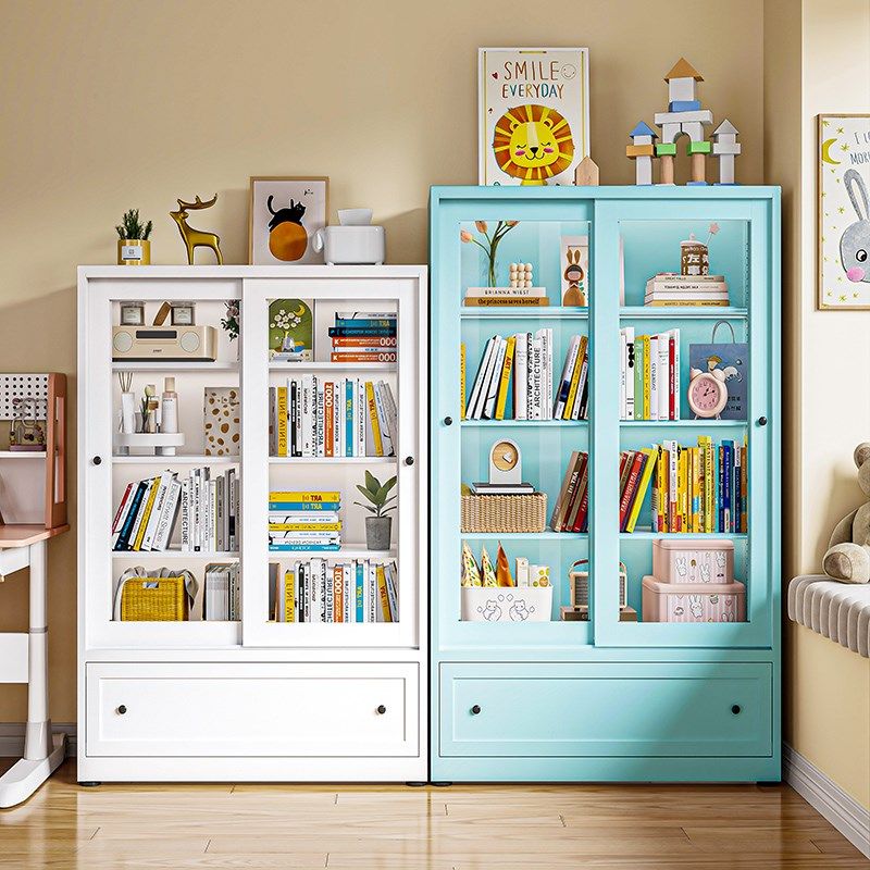 儿童书柜防尘储物柜带抽屉推拉玻璃门展示柜钢制书架落地收纳柜子,住宅家具,儿童书柜,淘宝优惠券,粉丝福利购,淘宝优惠卷