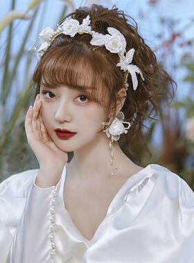 现货新款灵动仙气l串珠韩式发箍花朵新娘礼服配饰影楼摄影样片跟