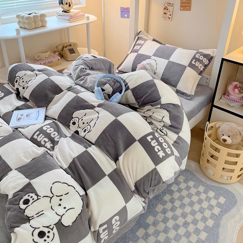 冬天珊瑚牛奶绒三件套学生宿舍床上法兰绒四件套床单被套加绒冬季